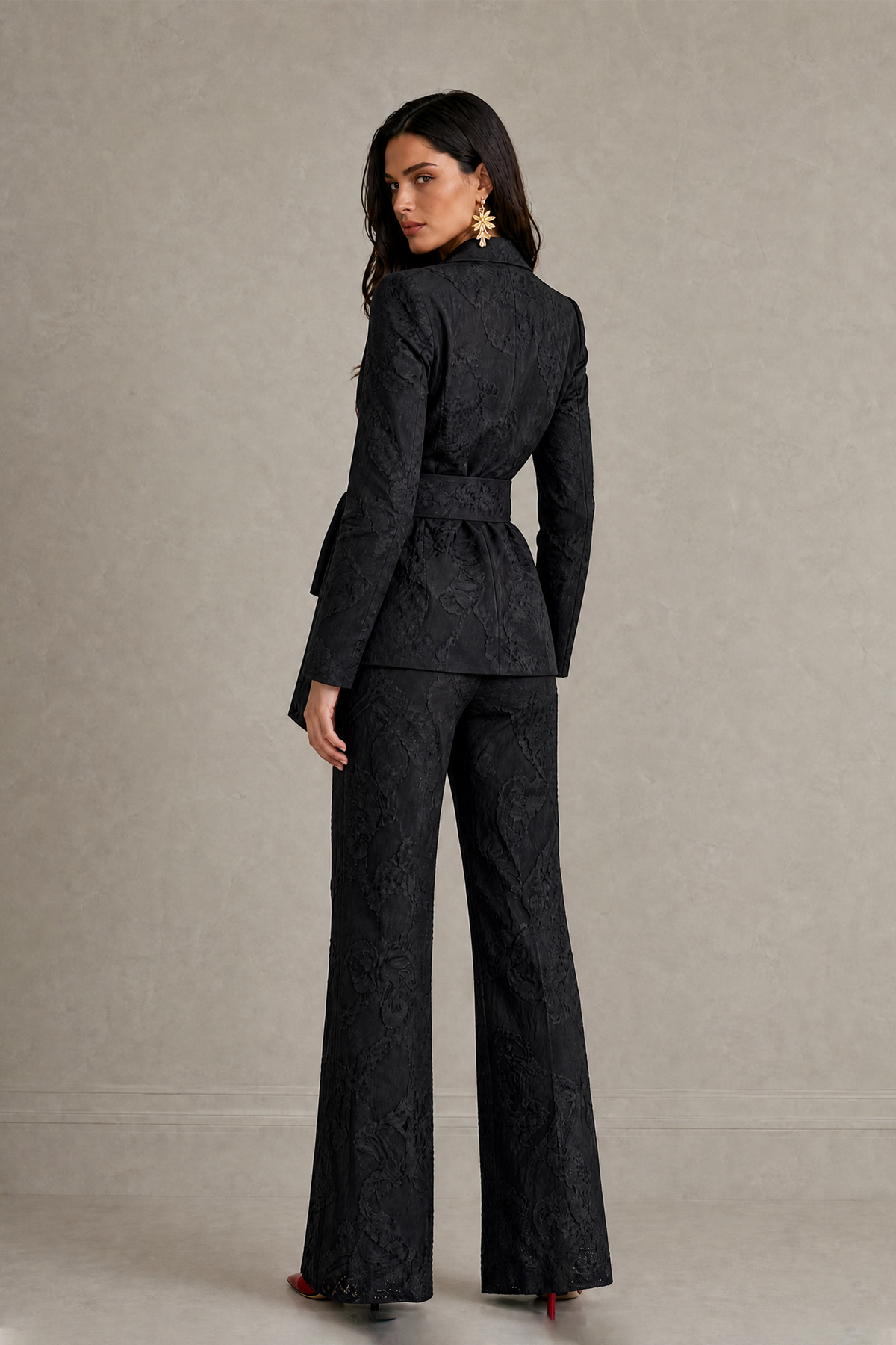 BOLODOO Black Textured Jacquard Wrap Blazer Pantsuit with Wide-Leg Trousers - Black