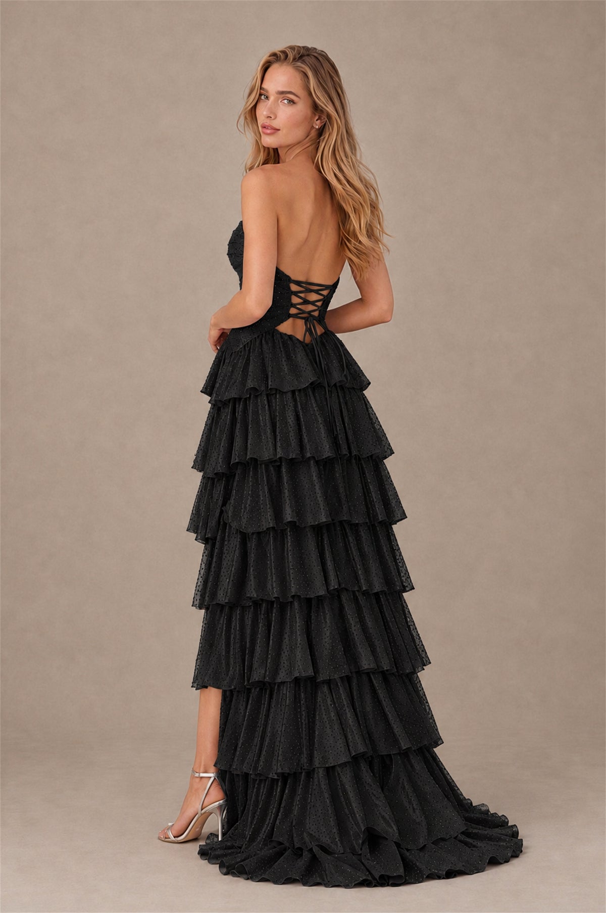 BOLODOO Black Strapless Cutout Tiered Ruffle Prom Dress with High Slit - Black - Black (2)