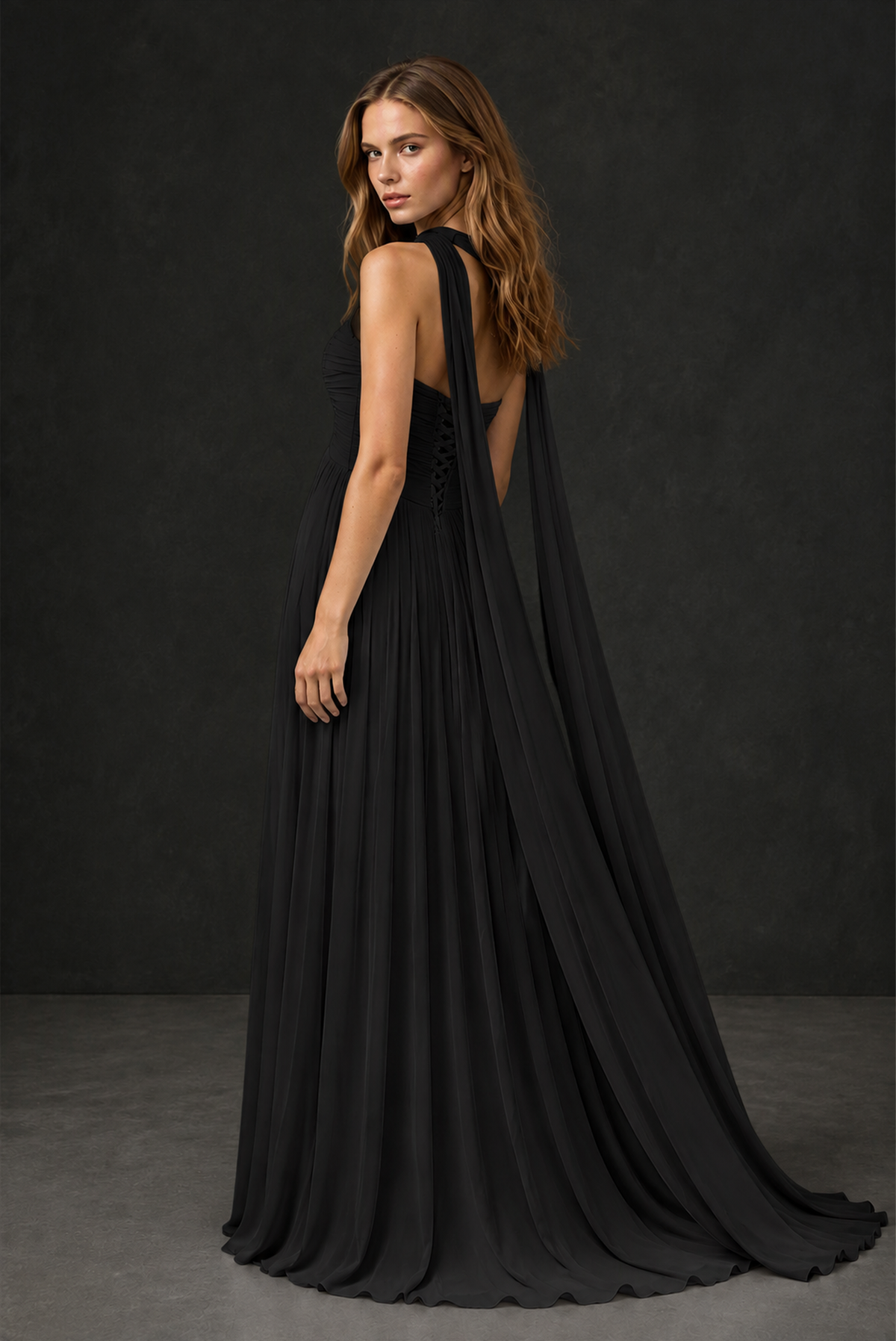 BOLODOO Black Sweetheart Strapless Twist Knot Detached Halter Scarf Lace-Up Back Empire Waist Chiffon Maxi Dress - Black