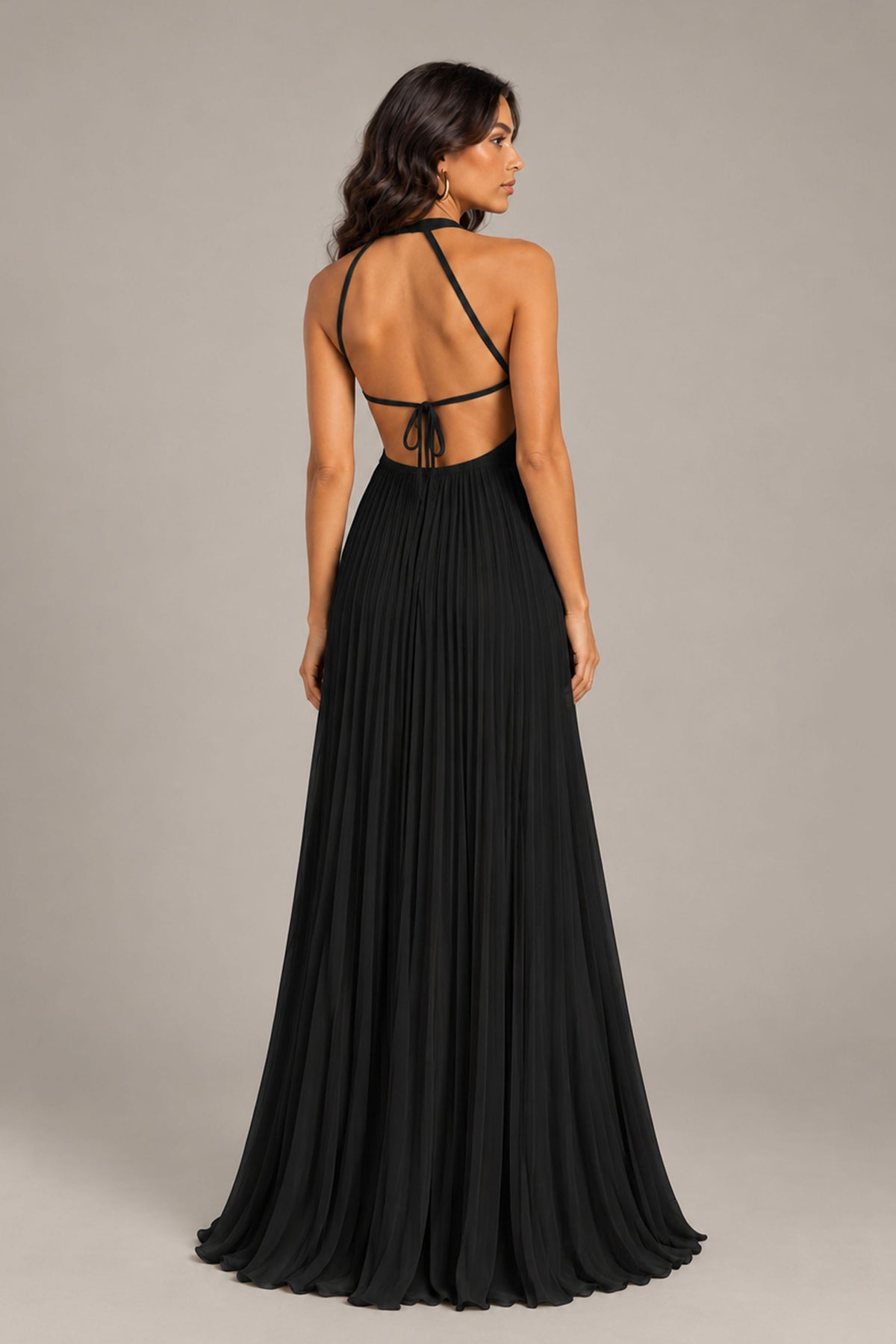 BOLODOO Black Halter Neck Pleated Chiffon Maxi Dress with Side Slit - Black