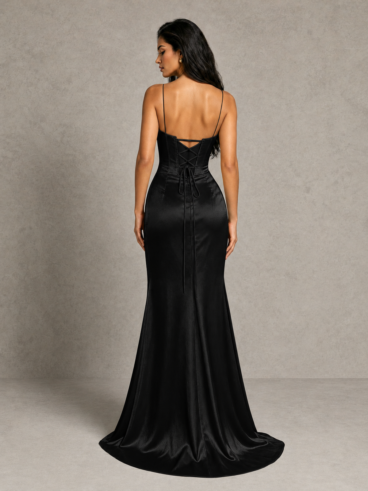 BOLODOO Black Satin Corset Prom Dress with High Slit & Lace-Up Back - Black - Black (2)