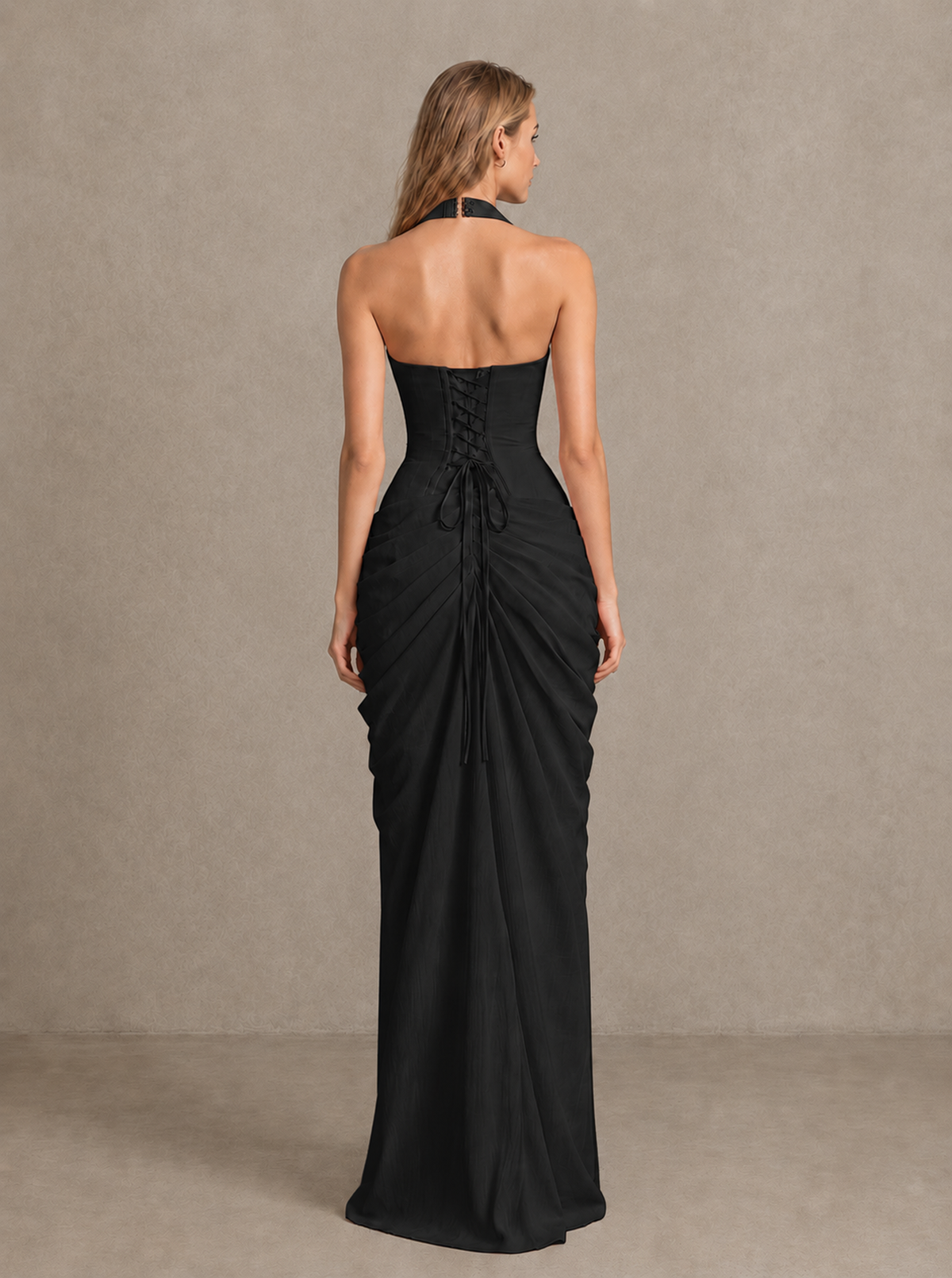 BOLODOO Black Halter Neck Ruched Maxi Dress with High Slit - Black