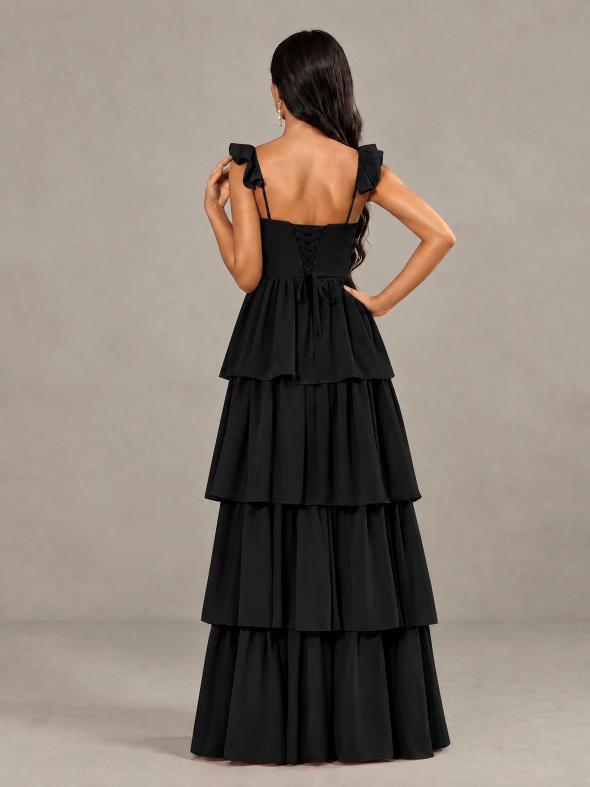 BOLODOO Black Tiered Maxi Bridesmaid Dress with Slit - Black