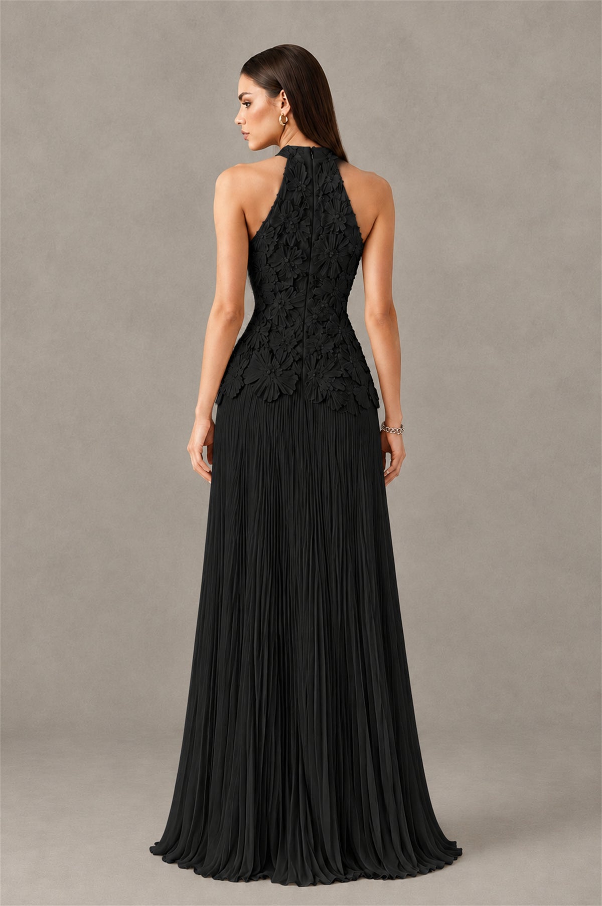 BOLODOO Black 3D Floral Applique Halter Neck Open Back Pleated Maxi Dress - Black
