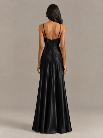 BOLODOO Black Satin Lace-Up Back Maxi Dress - Black