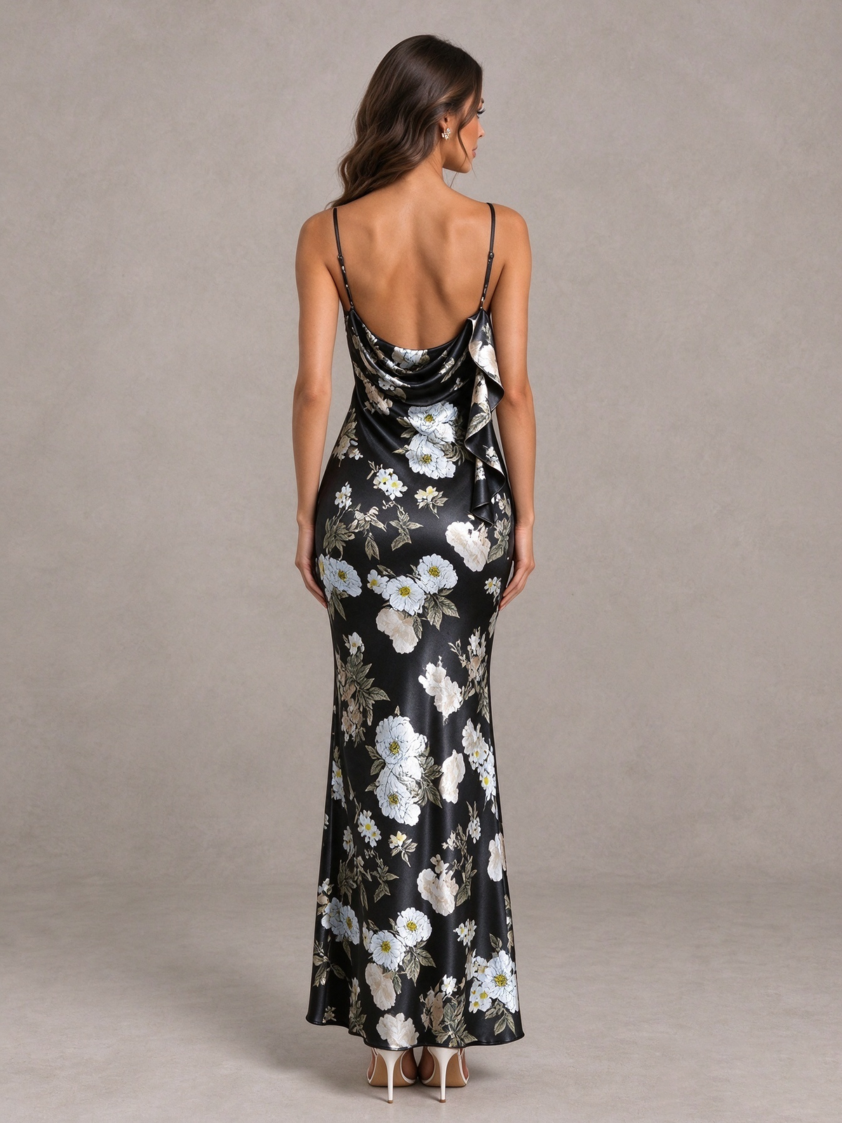 BOLODOO Black Floral Satin Bridesmaid Dress with Cowl Back - Black - Black (2)