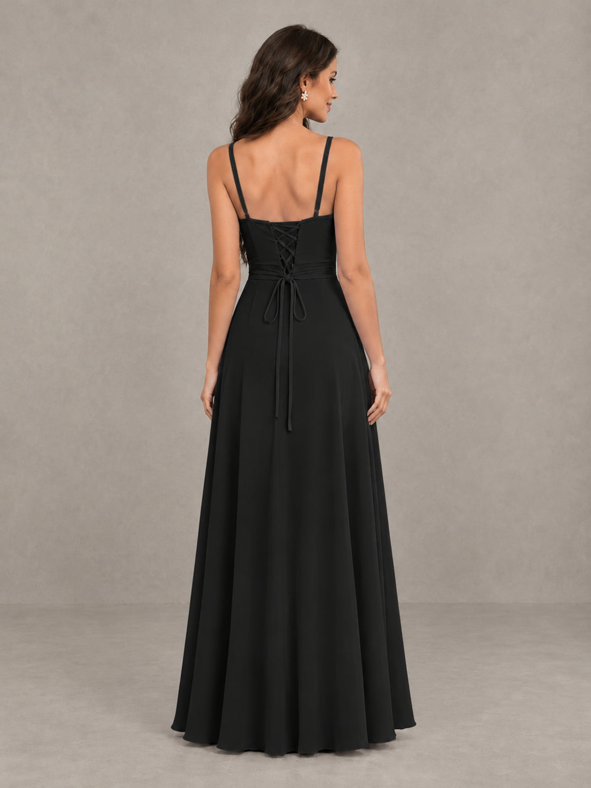 BOLODOO Black Spaghetti Strap Ruffle Bridesmaid Dress with Slit - Black - Black (2)