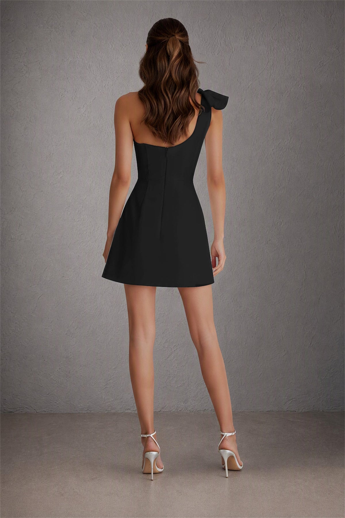 BOLODOO Black One-Shoulder Bow Detail A-Line Mini Dress | Sleeveless Cocktail Party Dress - Black