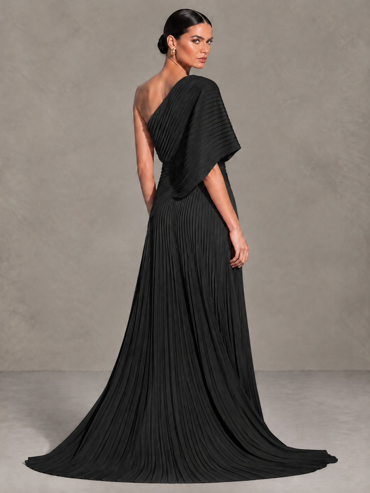 BOLODOO Black One-Shoulder Pleated Cape Evening Gown with Train - Black - Black (2)