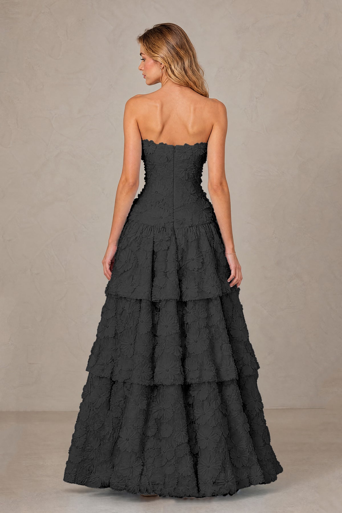 BOLODOO Black Strapless 3D Floral Tiered Evening Gown - Black