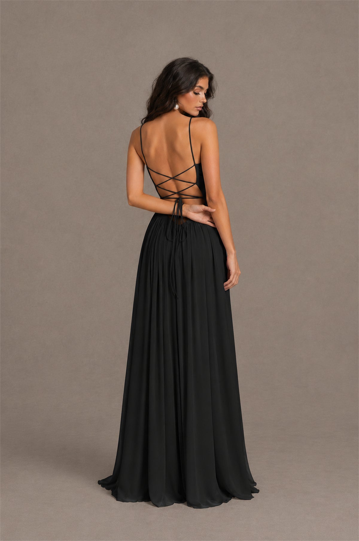 BOLODOO Black Spaghetti Strap Square Neck Ruched Chiffon Maxi Dress with Lace-Up Back - Black