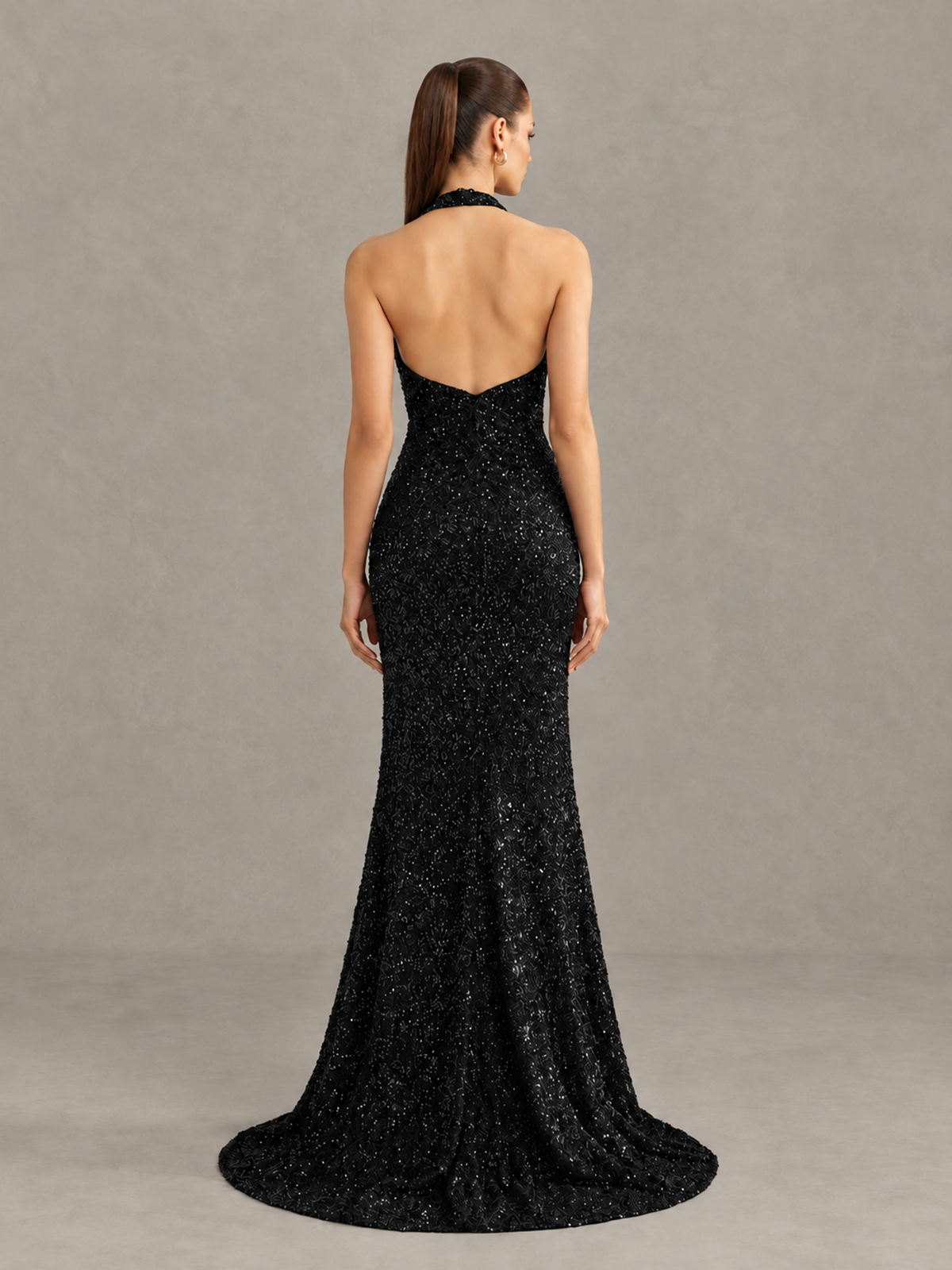 BOLODOO Black Sequin Halter Open Back Evening Gown with High Slit - Black - Black (2)