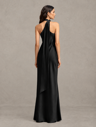BOLODOO Black Satin One-Shoulder Bridesmaid Dress with Open Back - Black - Black (2)