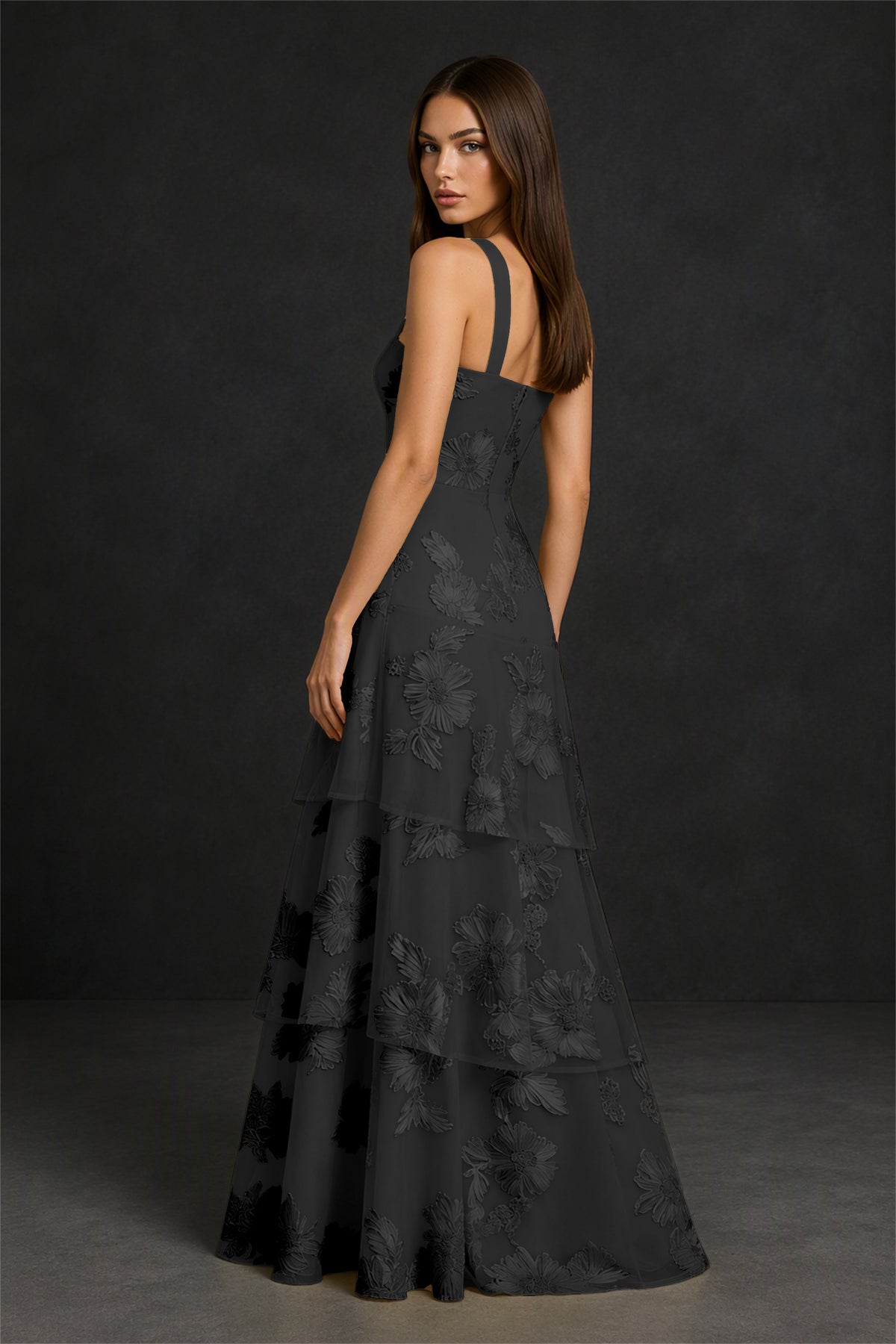 BOLODOO Black Crisscross Halter Neck Black Floral Embroidered Triple Tiered A-Line Tulle Maxi Dress - Black