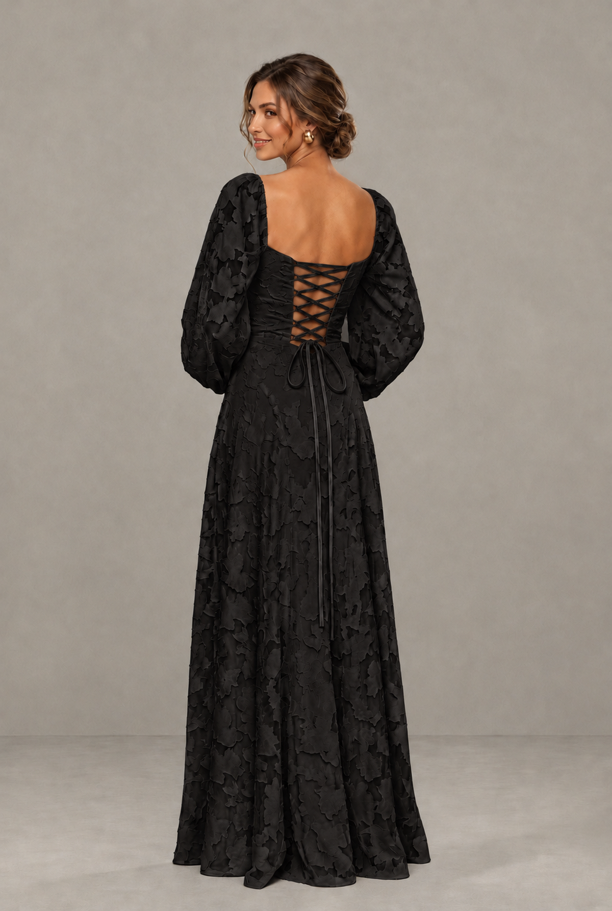 BOLODOO Floral Black Long Sleeve A-Line Dress with Lace-Up Back - Black