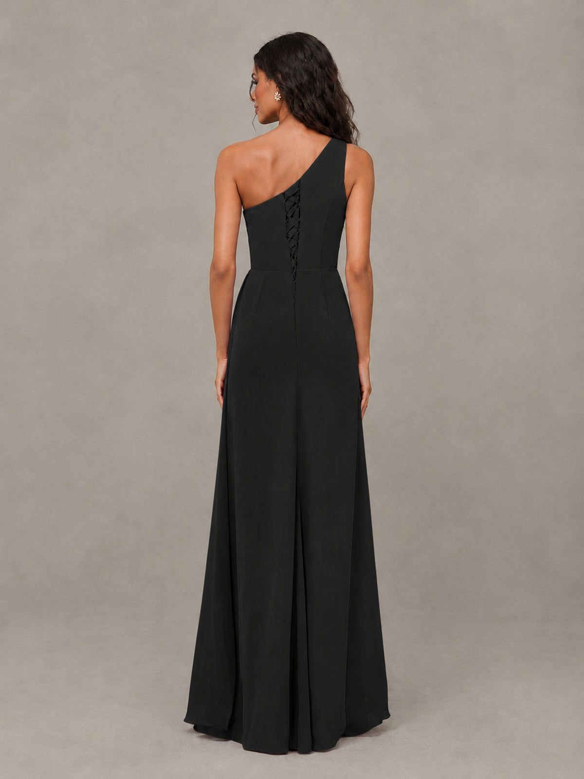 BOLODOO Black One-Shoulder Chiffon Bridesmaid Dress with Ruched Bodice & High Slit - Black - Black (2)
