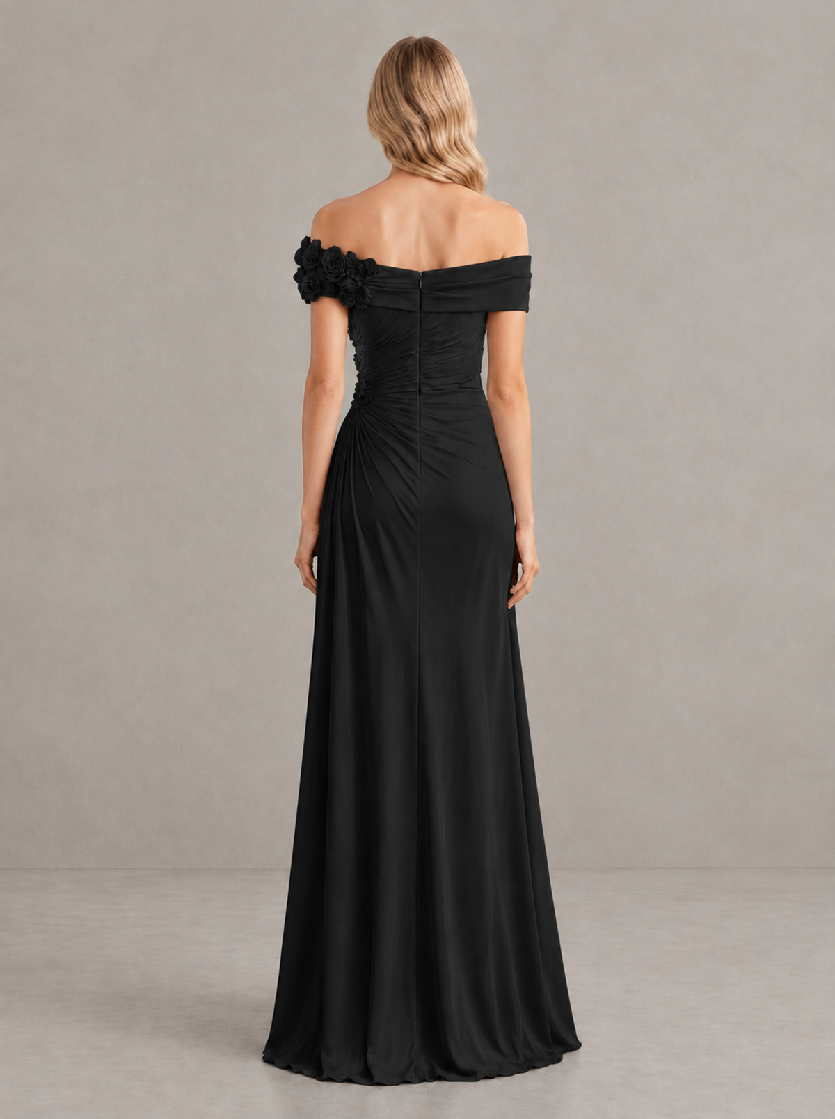 BOLODOO Black Off-Shoulder Floral Applique Wedding Guest Maxi Dress - Black - Black (2)