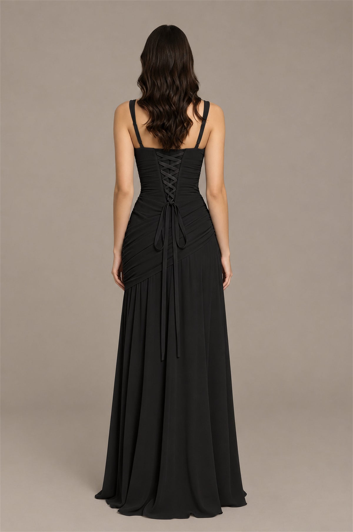 BOLODOO Black Spaghetti Strap Ruched Maxi Dress – Formal Evening Gown with Slit - Black