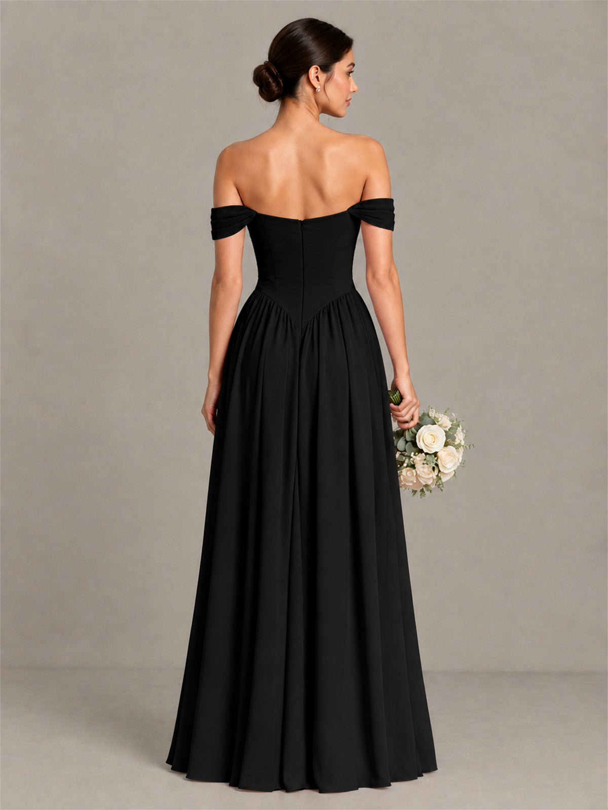 BOLODOO Black Off-Shoulder Chiffon A-Line Bridesmaid Dress - Black