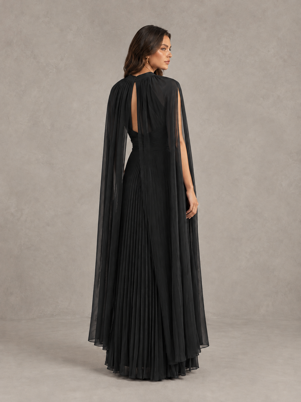 BOLODOO Black Pleated Cape Maxi Wedding Guest Dress - Black - Black (2)