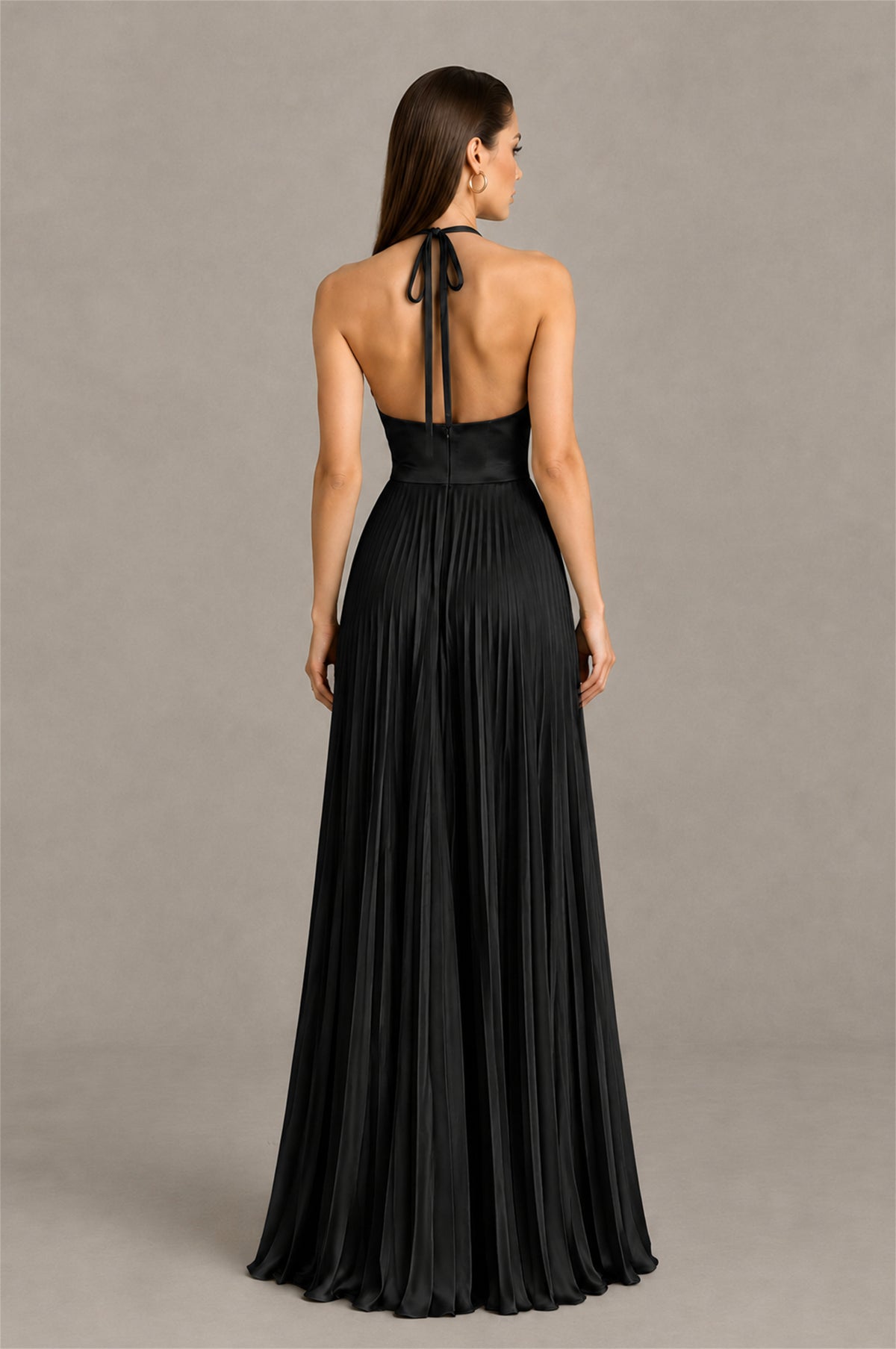 BOLODOO Black Halter Pleated A-Line Evening Dress - Black