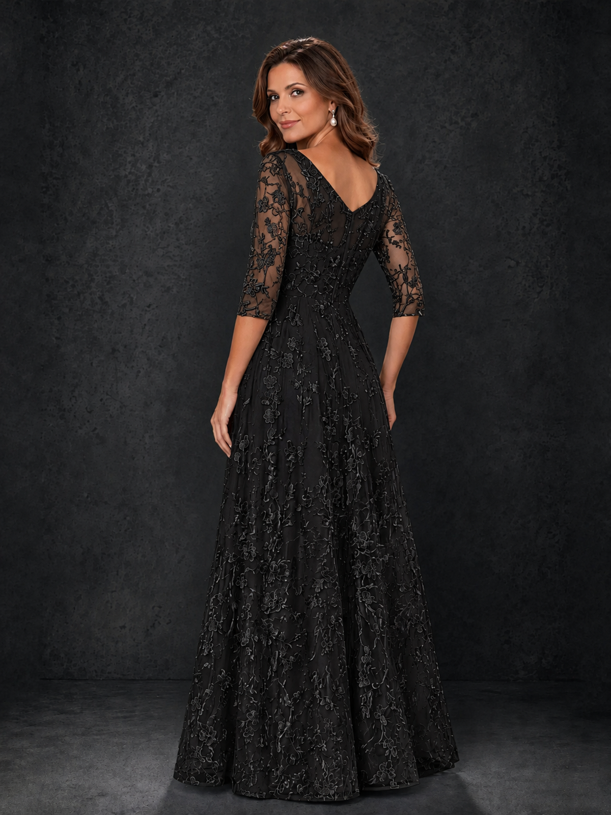 BOLODOO Wisteria Black Illusion Bateau Neck 3/4 Sleeve Floral Lace A-Line Mother of the Bride Dress MX007 - Black