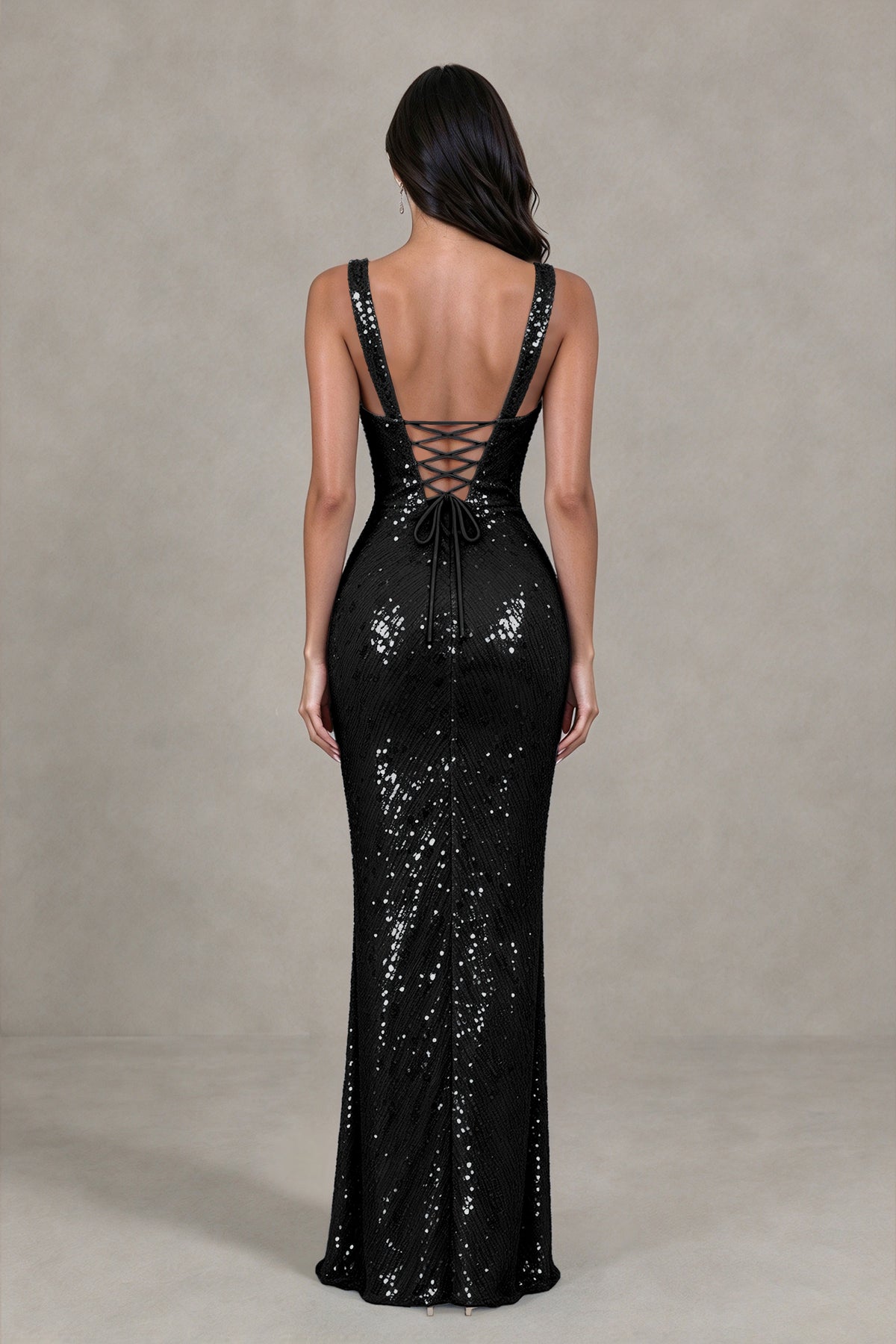 BOLODOO Black Sequin Deep V-Neck Lace-Up Back High-Slit Evening Dress - Black - Black (2)
