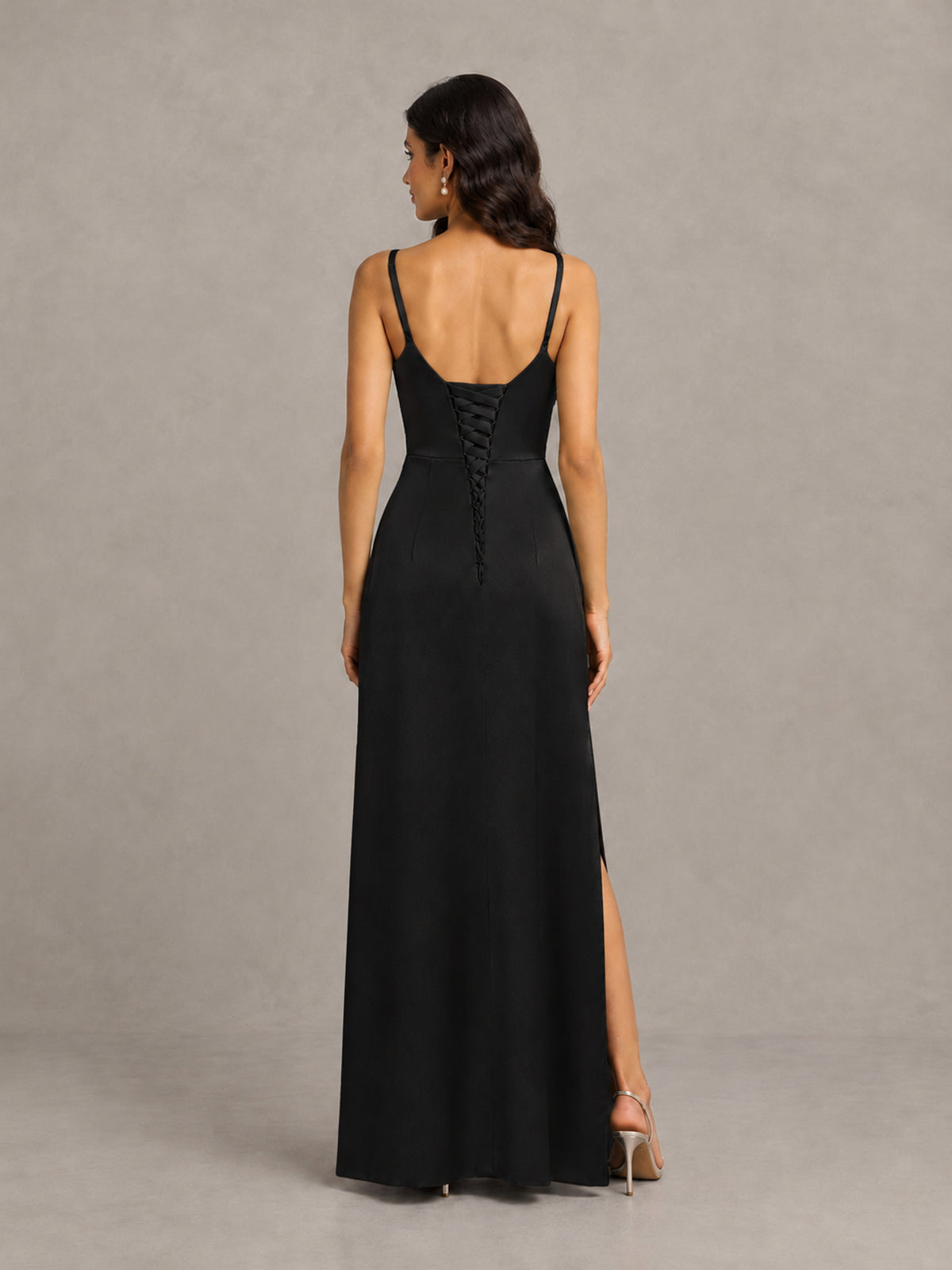 BOLODOO Black Cowl Neck Satin Bridesmaid Dress with Slit - Black - Black (2)