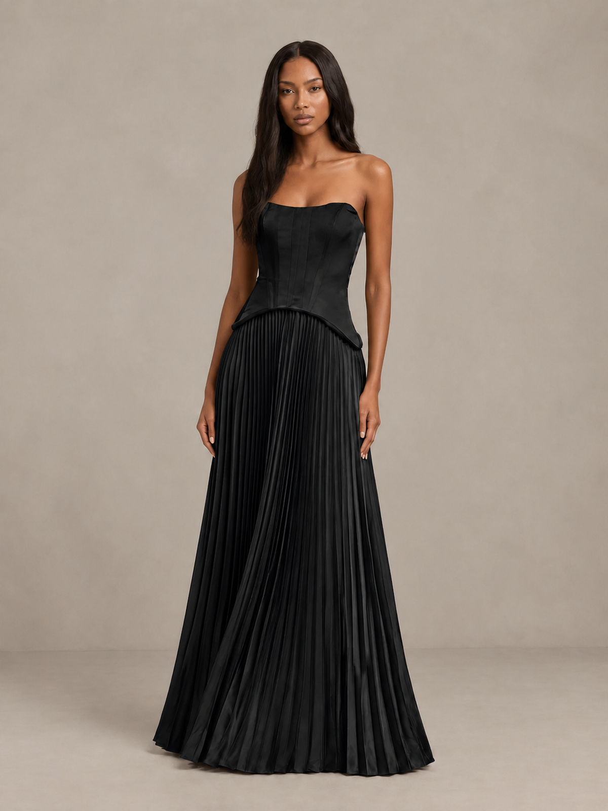 BOLODOO Black Strapless Pleated Satin Evening Prom Dress - Black