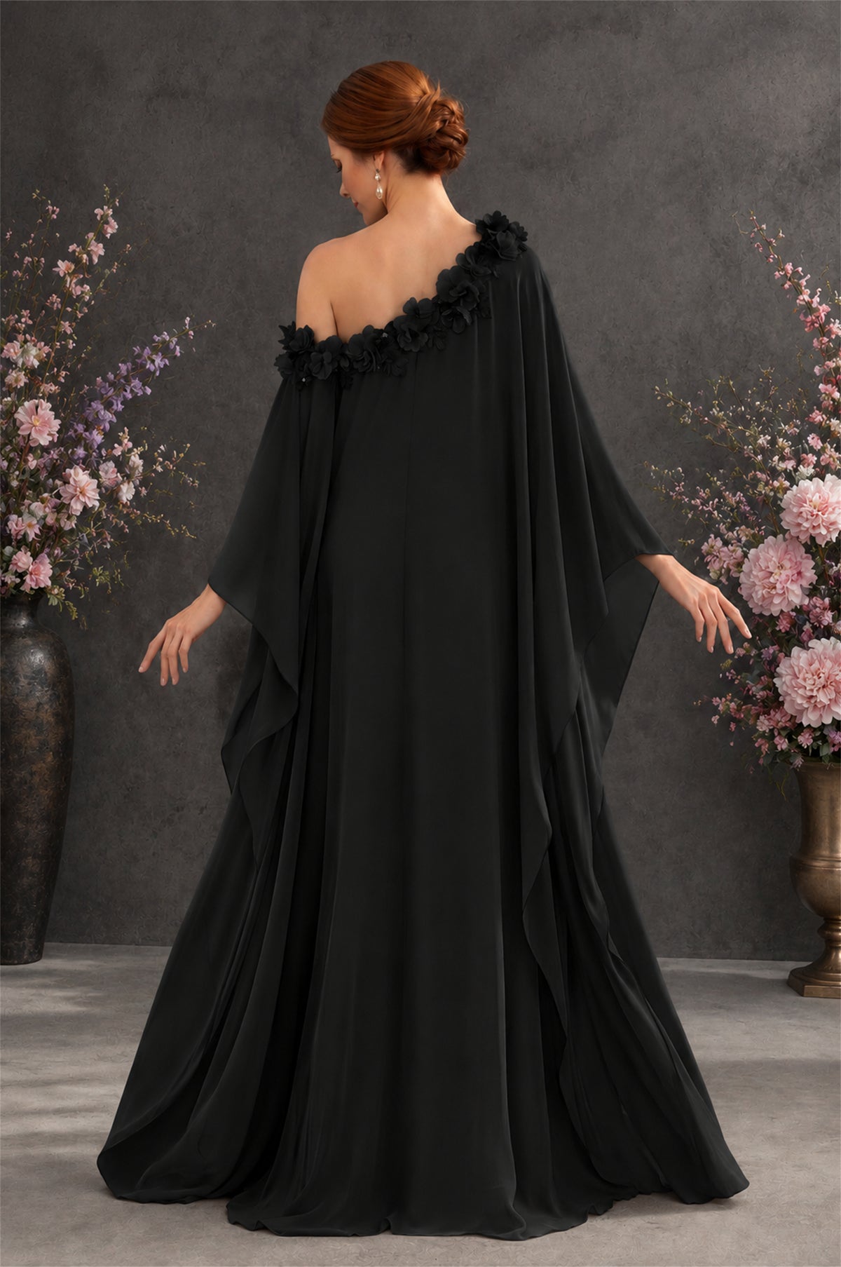 BOLODOO Black 2-Piece Set: Off-Shoulder 3D Floral Cape Gown & One-Shoulder Wide-Leg Jumpsuit | BD0373 - Black