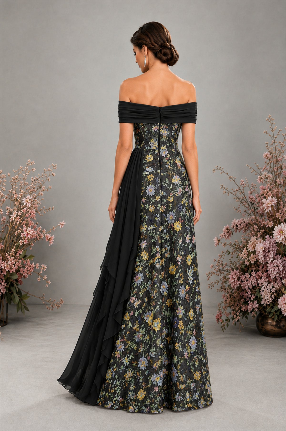 BOLODOO Black Floral Embroidered Off-Shoulder A-Line Floor Length Gown | Mother of the Bride & Evening - Black - Black (2)