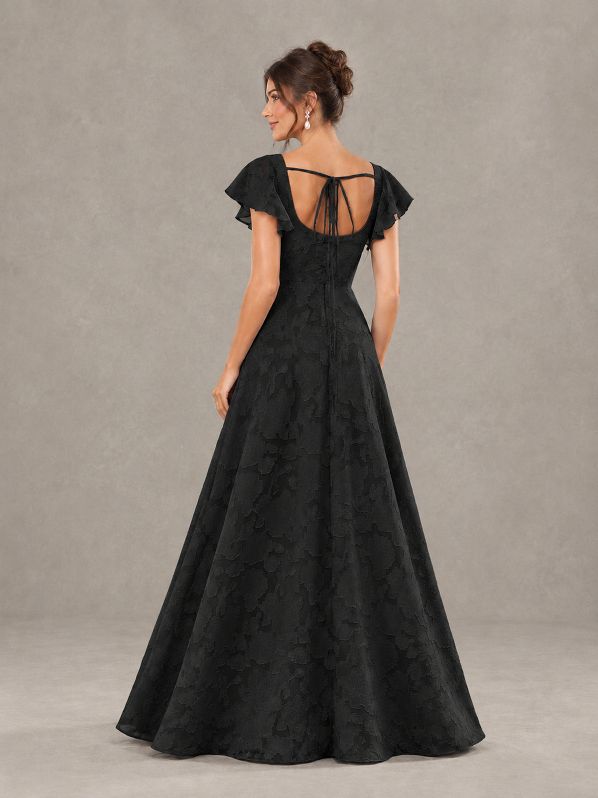 BOLODOO Black Floral Flutter Sleeve Bridesmaid Dress with Slit - Black - Black (2)