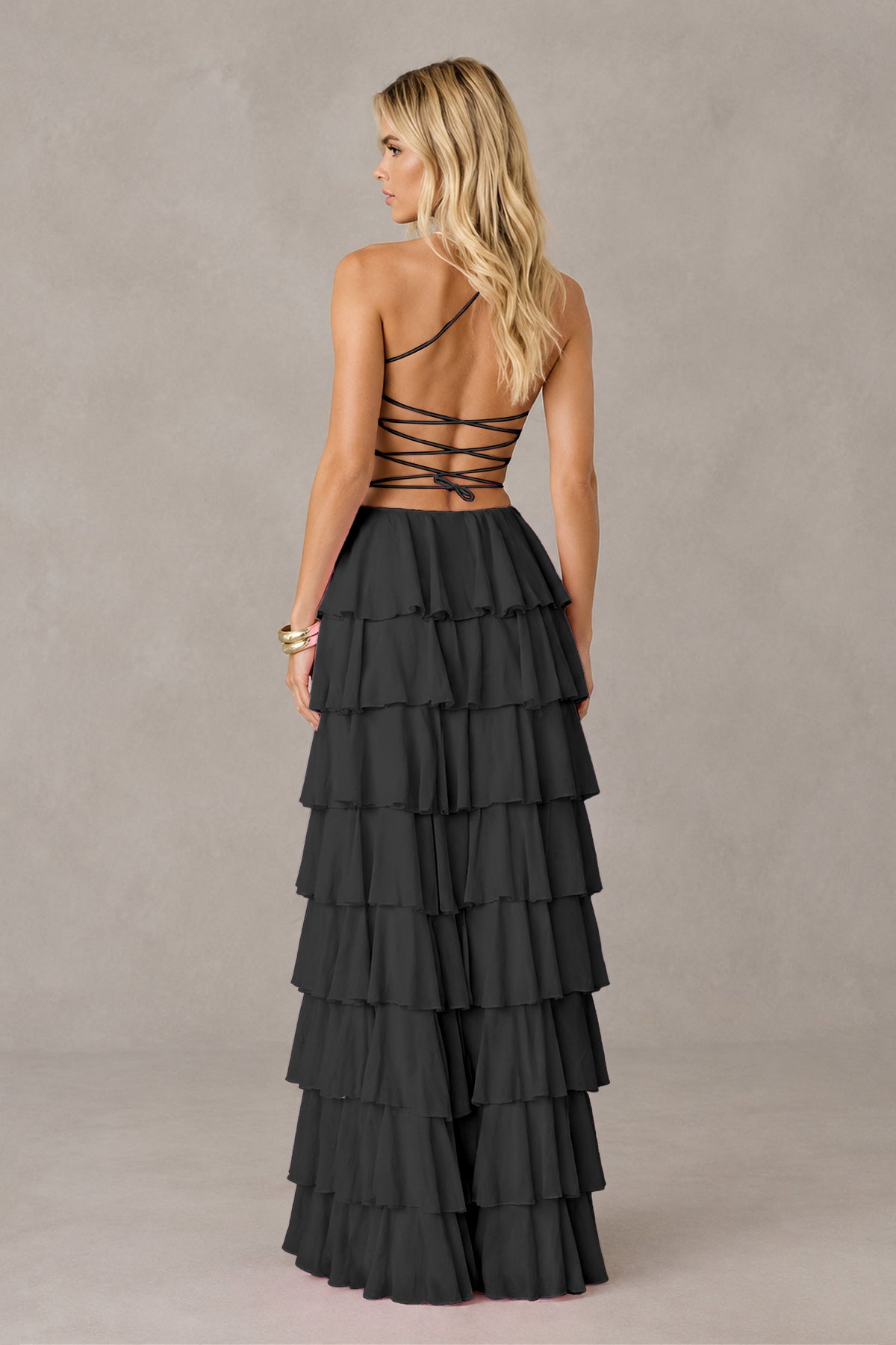 BOLODOO Black Strapless Tiered Ruffle Maxi Dress with Slit & Lace-Up Back - Black