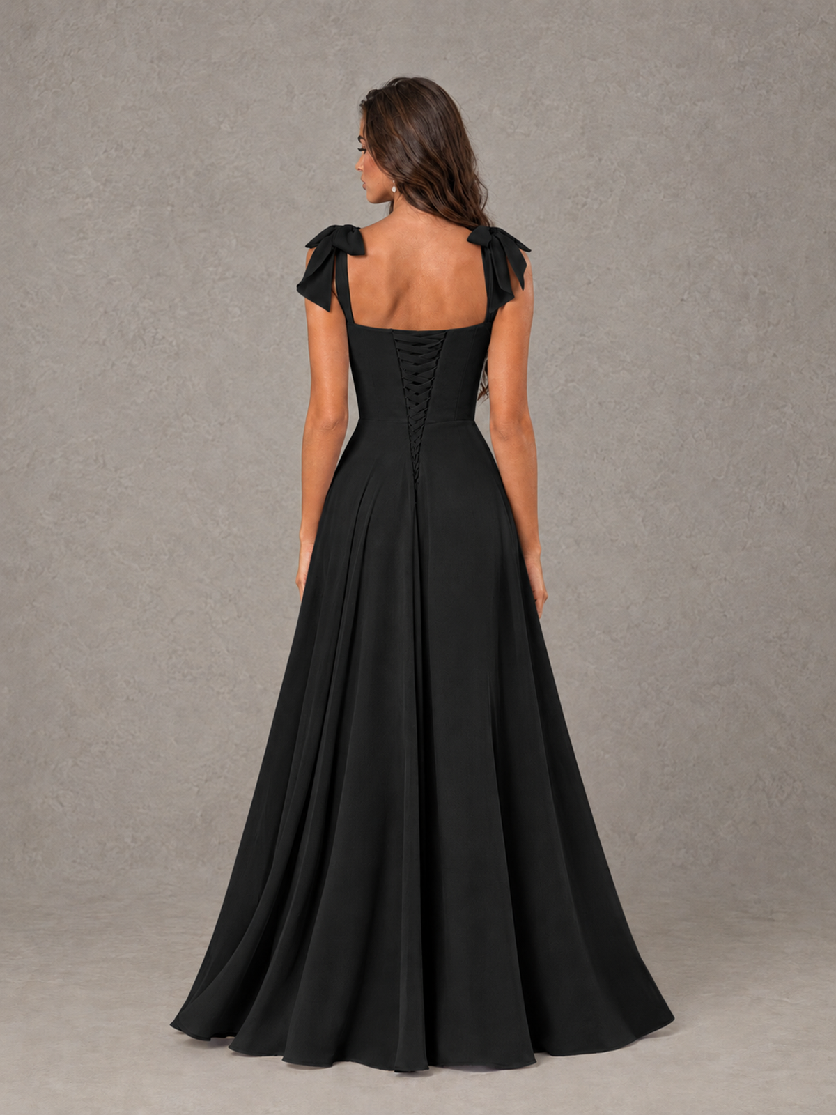 BOLODOO Black Bow-Strap Bridesmaid Dress with Ruffle Slit - Black - Black (2)