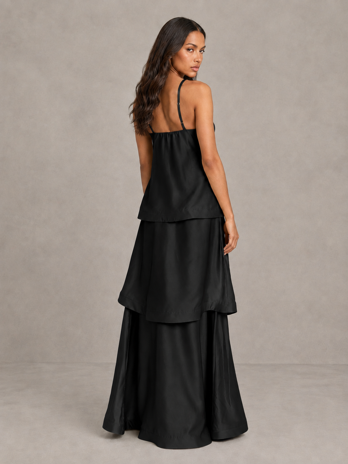 BOLODOO Black Satin Tiered Maxi Dress with Spaghetti Straps - Black