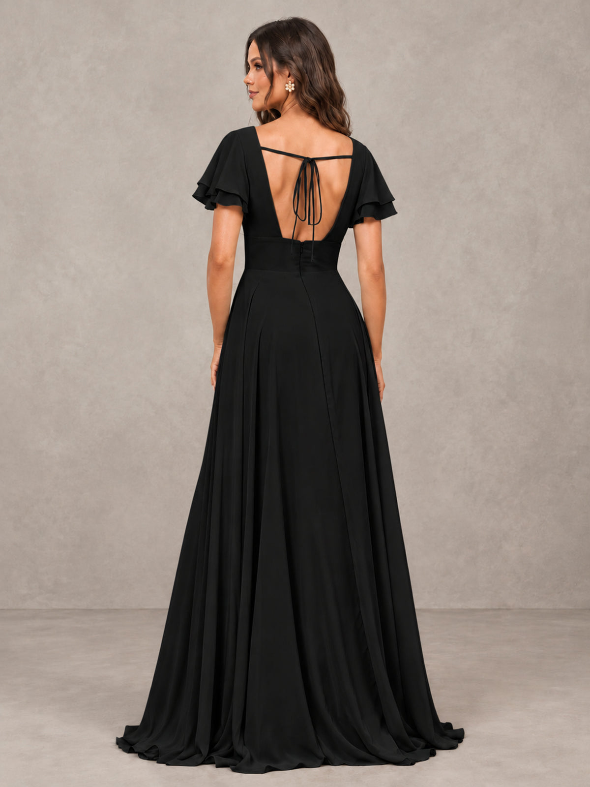BOLODOO Black Flutter Sleeve Chiffon A-Line Maxi Bridesmaid Dress with Open Back & Slit - Black - Black (2)