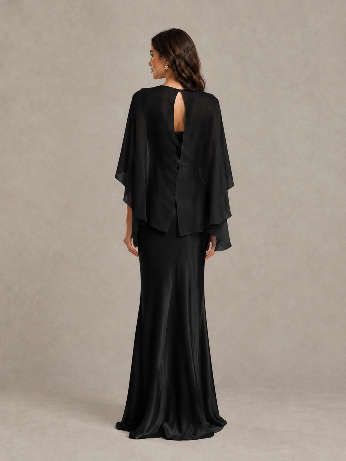 BOLODOO Black Satin Mermaid Bridesmaid Dress with Chiffon Cape - Black - Black (2)