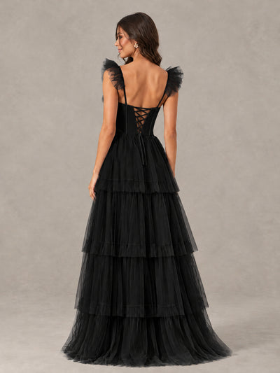 BOLODOO Black Tiered Tulle Bridesmaid Dress with Slit - Black - Black (2)