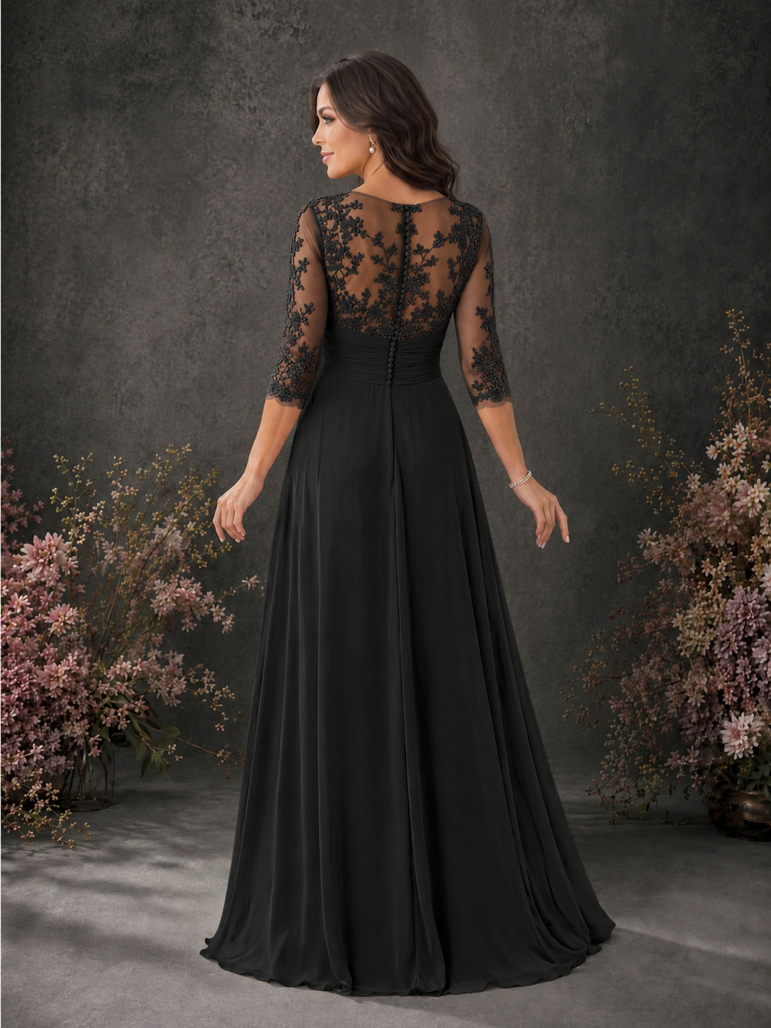 BOLODOO Black Chiffon Lace Illusion Neckline 3/4 Sleeve Floor Length Formal Gown - Black