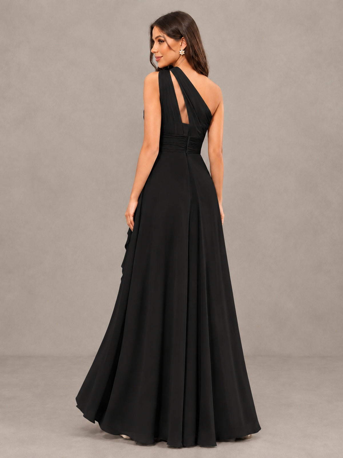 BOLODOO Black One-Shoulder Ruffle Bridesmaid Dress with Slit - Black - Black (2)