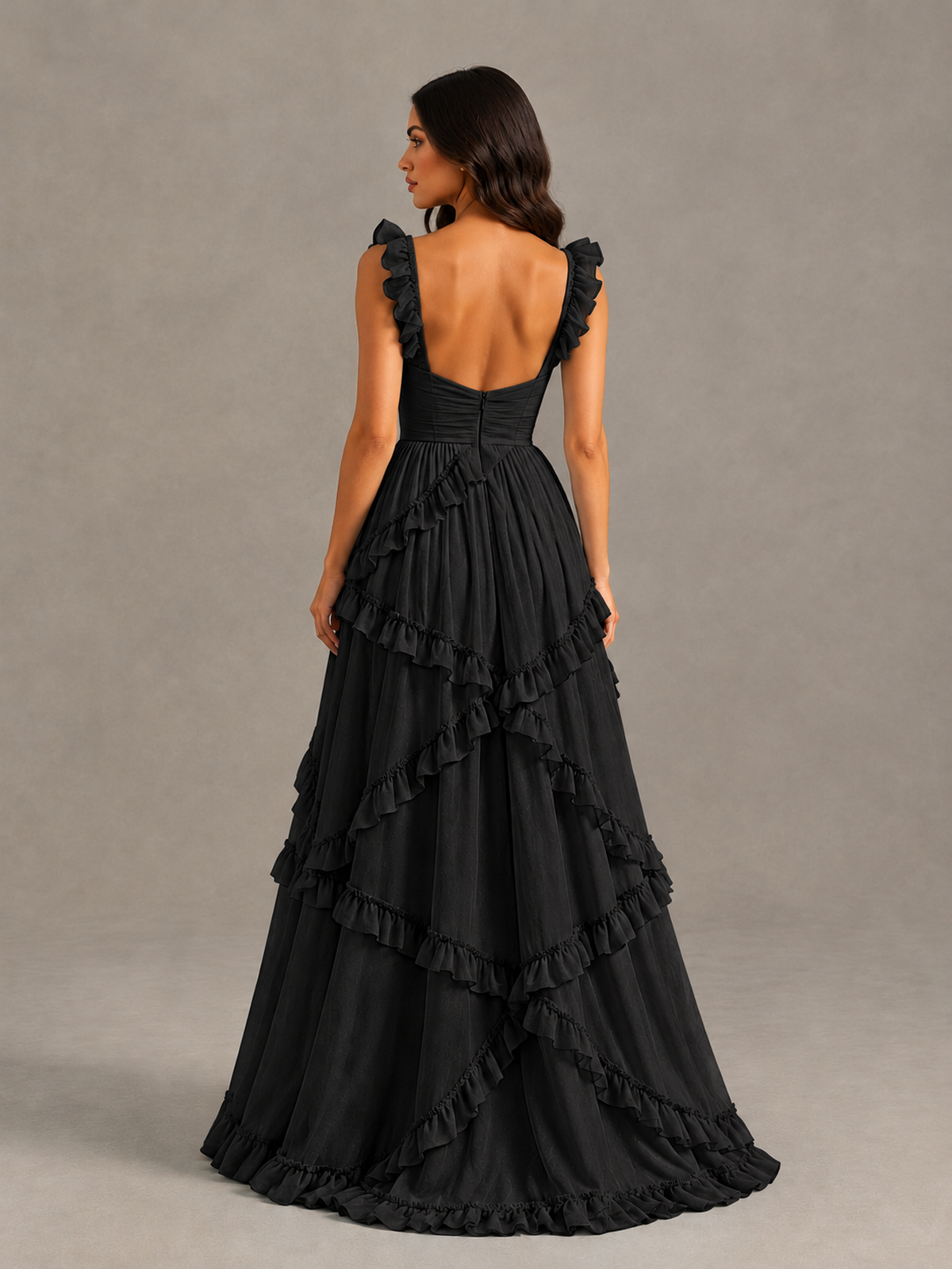 BOLODOO Black Ruffle A-Line Prom Dress with Open Back - Black - Black (2)