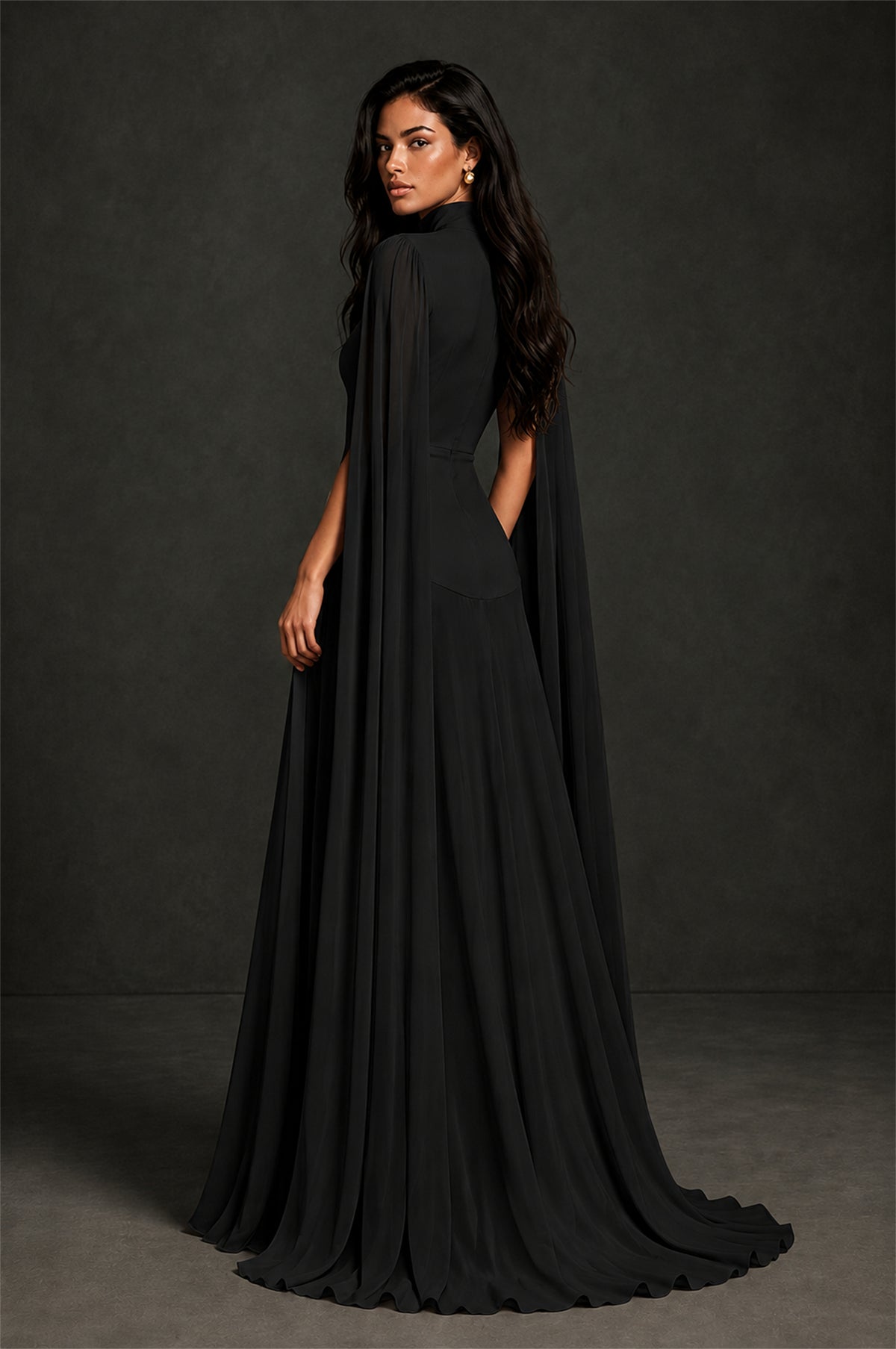 BOLODOO Black Mock Neck Cape Sleeve A-Line Chiffon Maxi Dress - Black - Black (2)