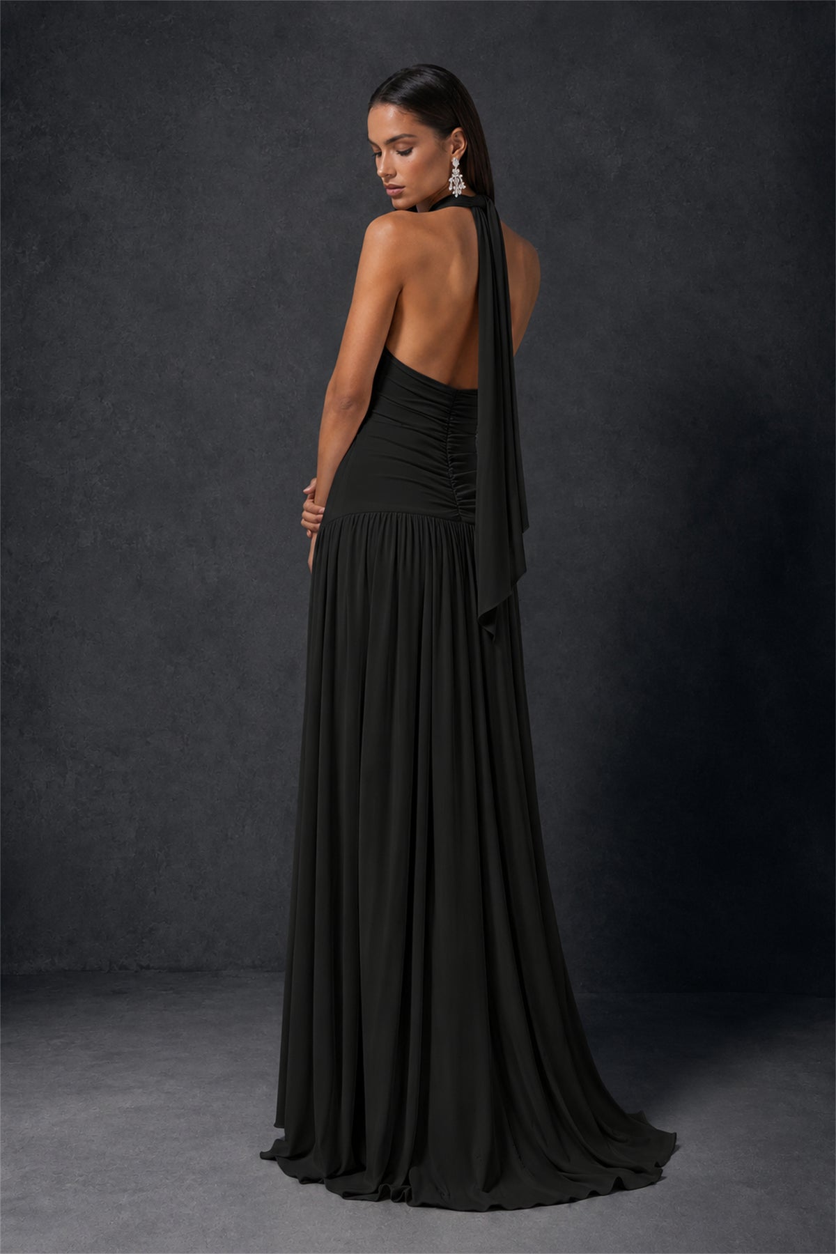 BOLODOO Black Halter Deep V-Neck Ruched Chiffon Open Back Maxi Dress with Draped Neck Tie - Black