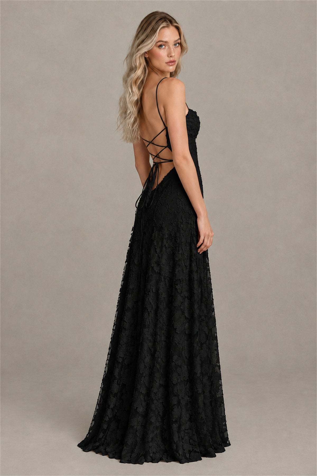 BOLODOO Black Floral Appliqué Lace-Up Back Maxi Dress - Black