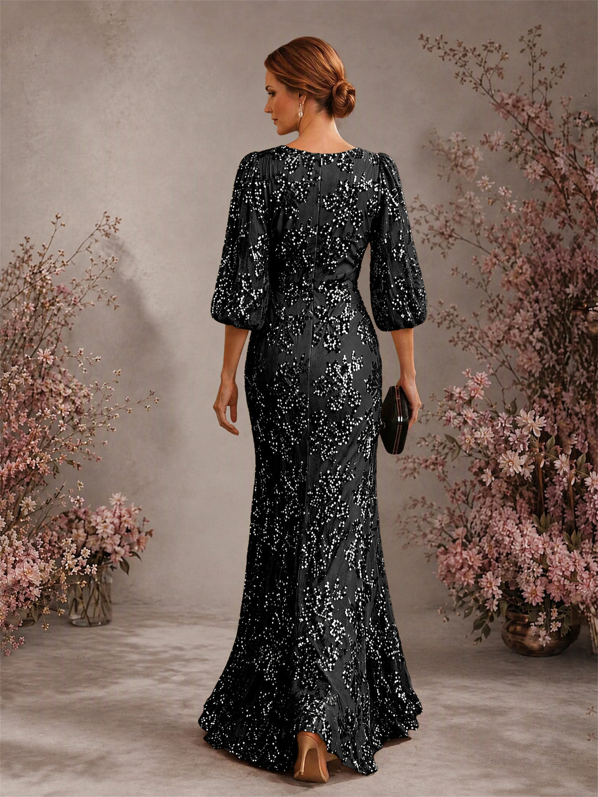 BOLODOO Black V-Neck Lantern Sleeve All-Over Sequin Floral Embroidered Mermaid Gown - Black