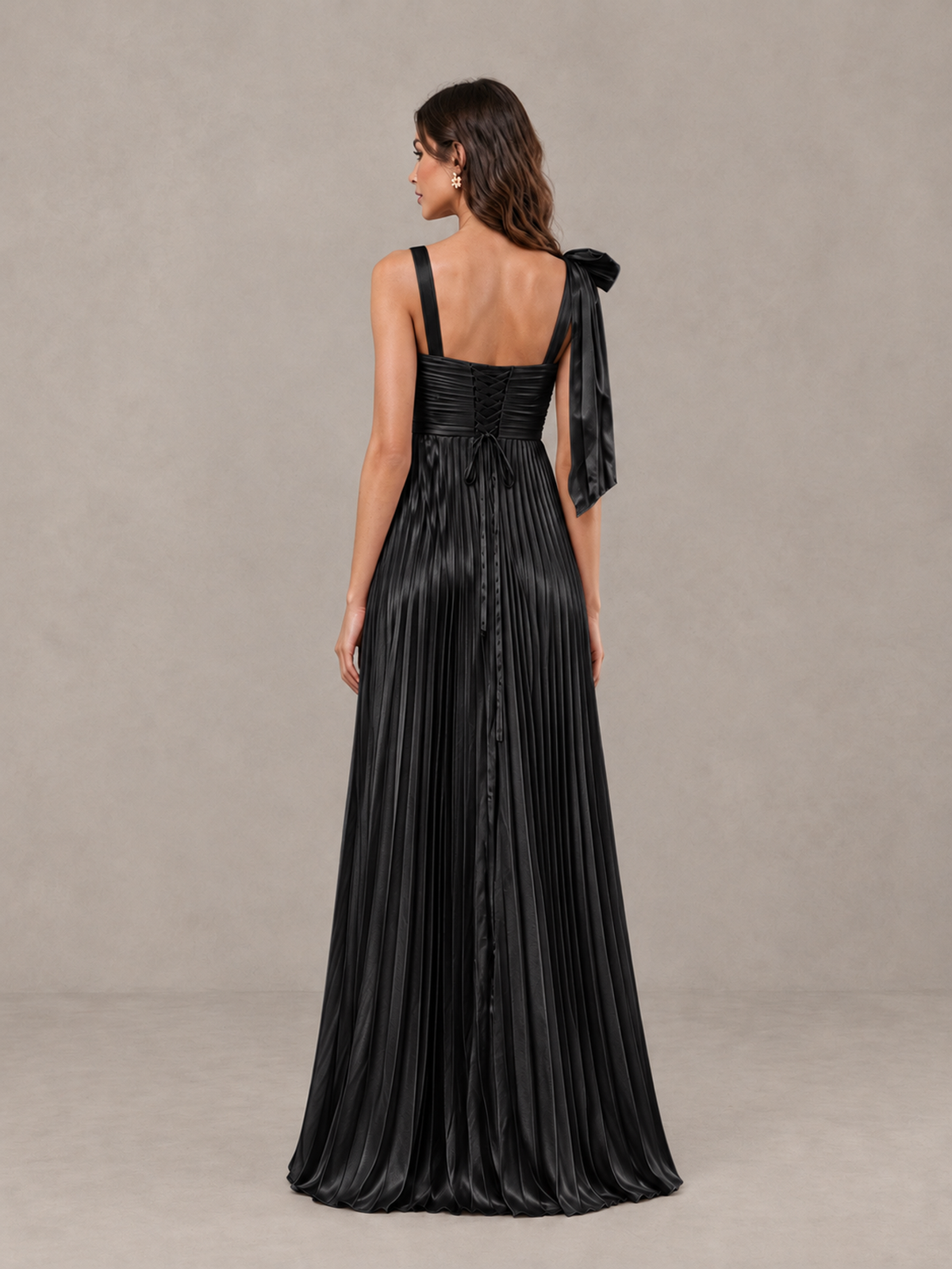 BOLODOO Black Pleated Bow-Strap Bridesmaid Maxi Dress - Black - Black (2)
