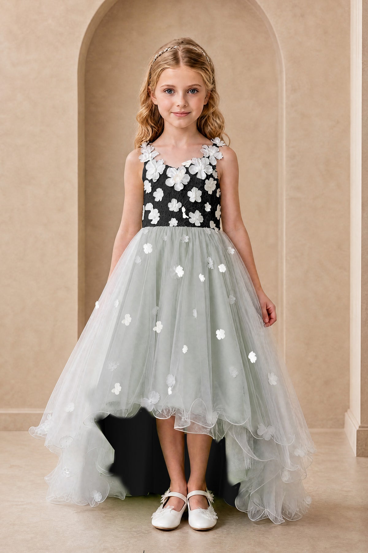 BOLODOO Black Flower Girl Dress with Floral Appliqué and High-Low Tulle Skirt - Black