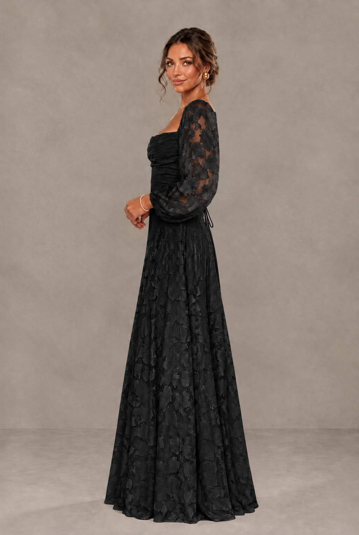 BOLODOO Floral Black Long Sleeve A-Line Dress with Lace-Up Back - Black