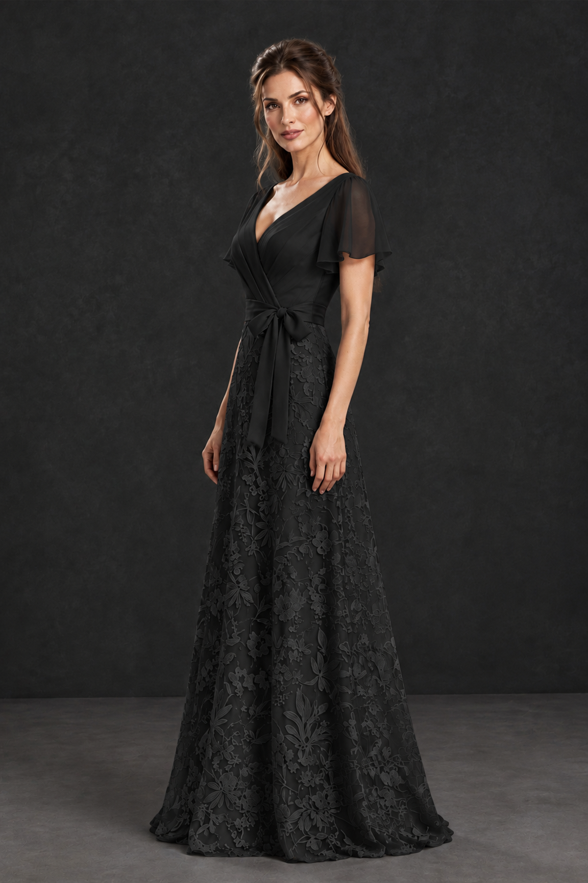 BOLODOO Black Flutter Sleeve Lace Mother of the Bride Dress - Black