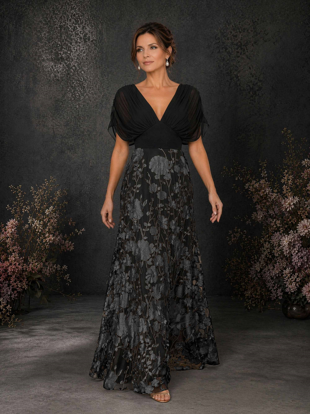 BOLODOO Black & Black Chiffon V-Neck Flutter Sleeve Floral Embroidered A-Line Gown BD0414 - Black